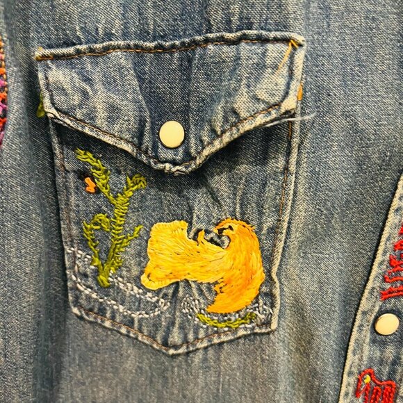 Vtg 70's Maverick Embroidered Denim Pearl Snap Shirt Long Tail Western Cowboy - Picture 10 of 16